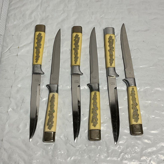 Set Of 6 Unbranded Vintage Silver Leaf Inlay Handle Steak Knives