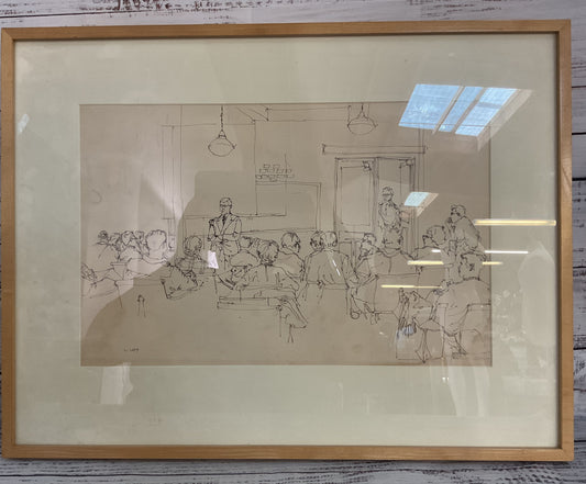 Vintage L. Levy Classroom Courtroom Gathering Pen Sketch