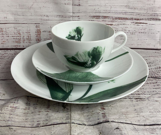 Contre Jour by Raynaud Limoges Floral Tea Cup Saucer Salad Plate White Green