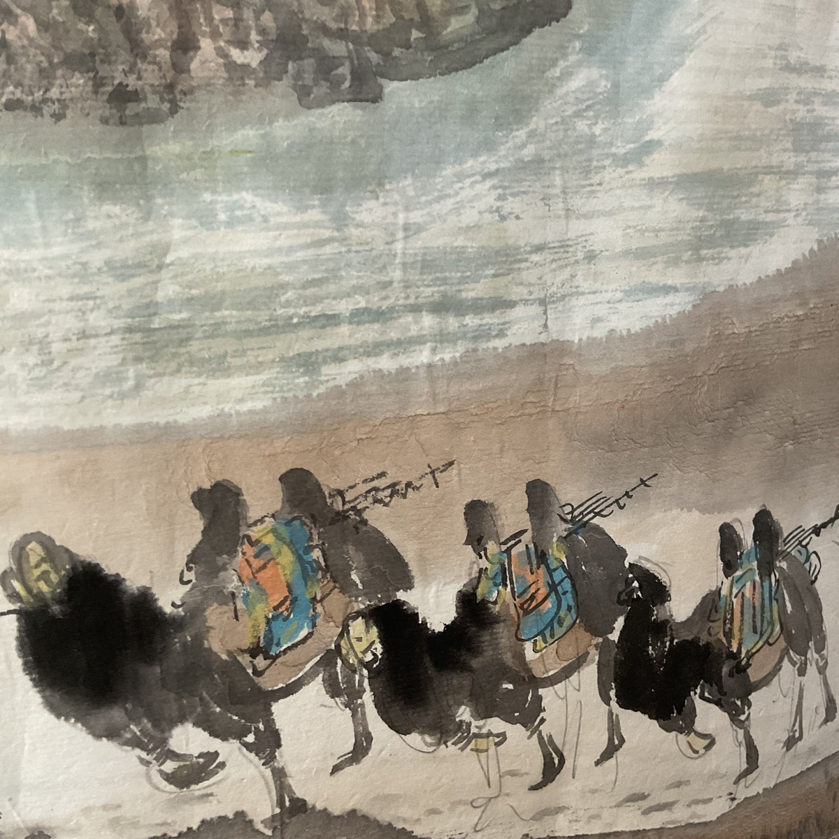VTG/ANTIQUE Chinese Mingsha Mountain & Crescent Lake Ink & Color Painting- 48.5"