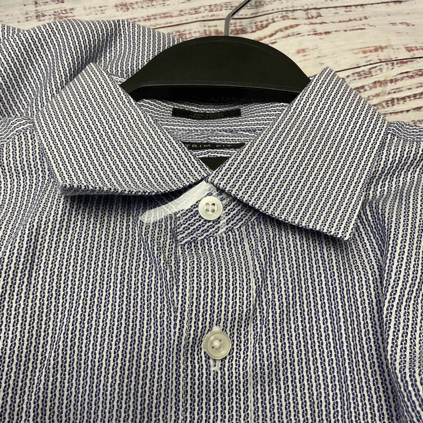 Neiman Marcus Blue White Geometric Pattern Long Sleeve Dress Shirt 15.5 34/35
