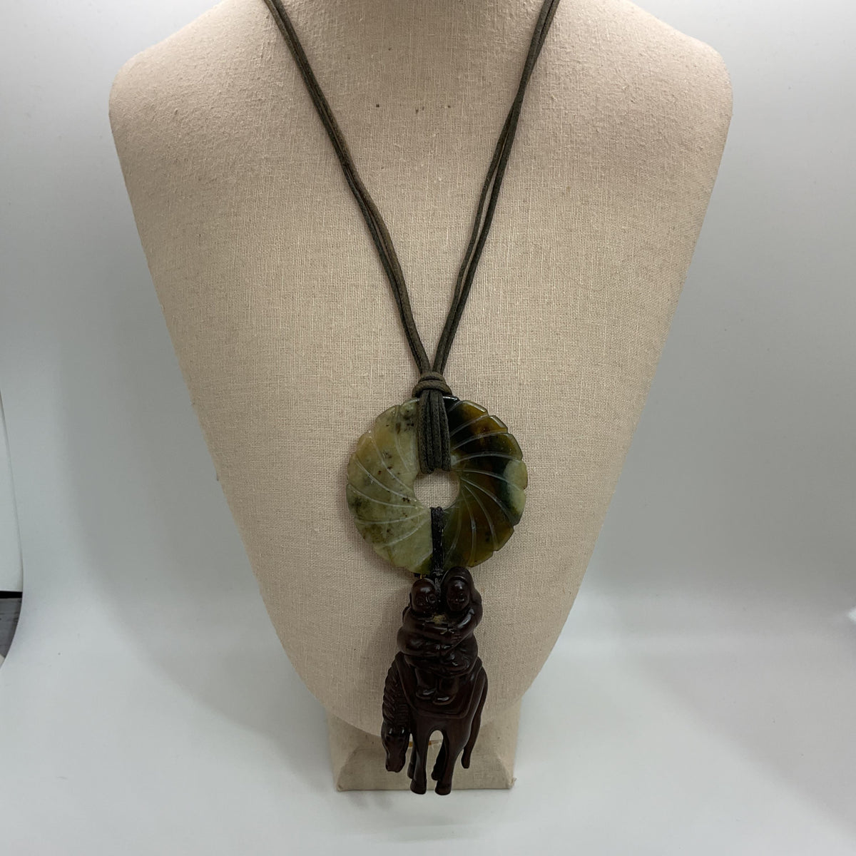 Signed ANTIQUE Japanese Carved Wood Netsuke and Jade Disc Pendant Necklace