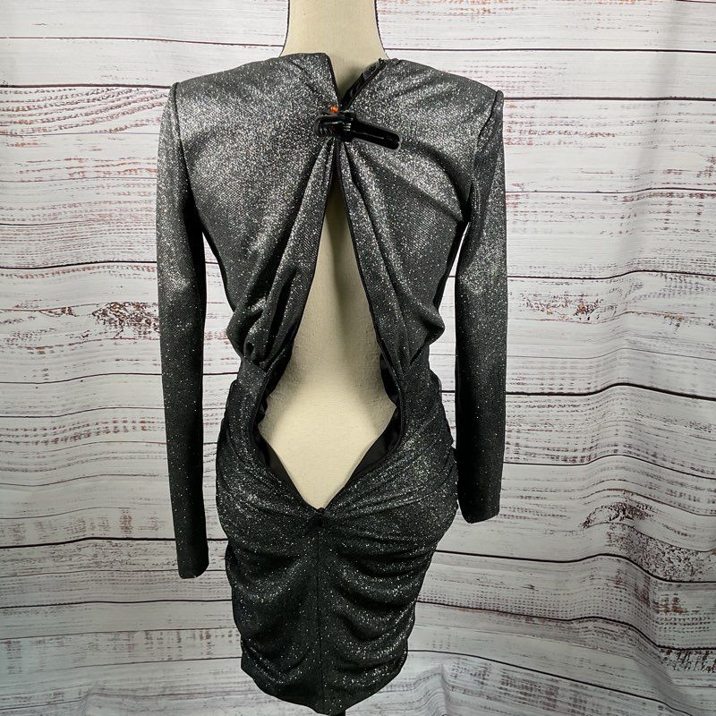 HOUSE of CB London Women Black Glitter Ruched Pleated Low V-Neck Dress- SZ XS