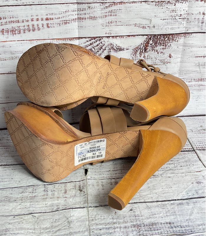 L.A.M.B Leather Anika Platform Buckle Heels Beige 10
