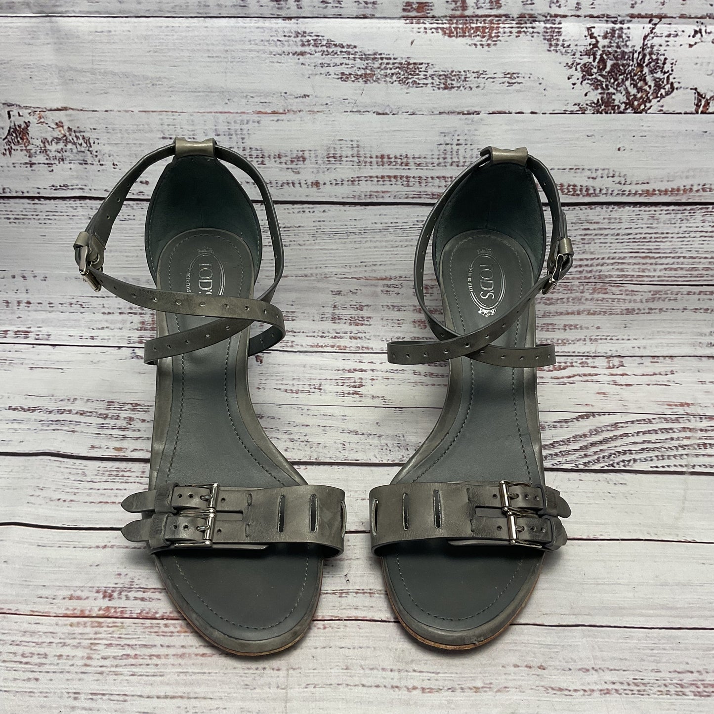 Tod's Grey Leather Ankle Strap Sandal Heel Women Size 8