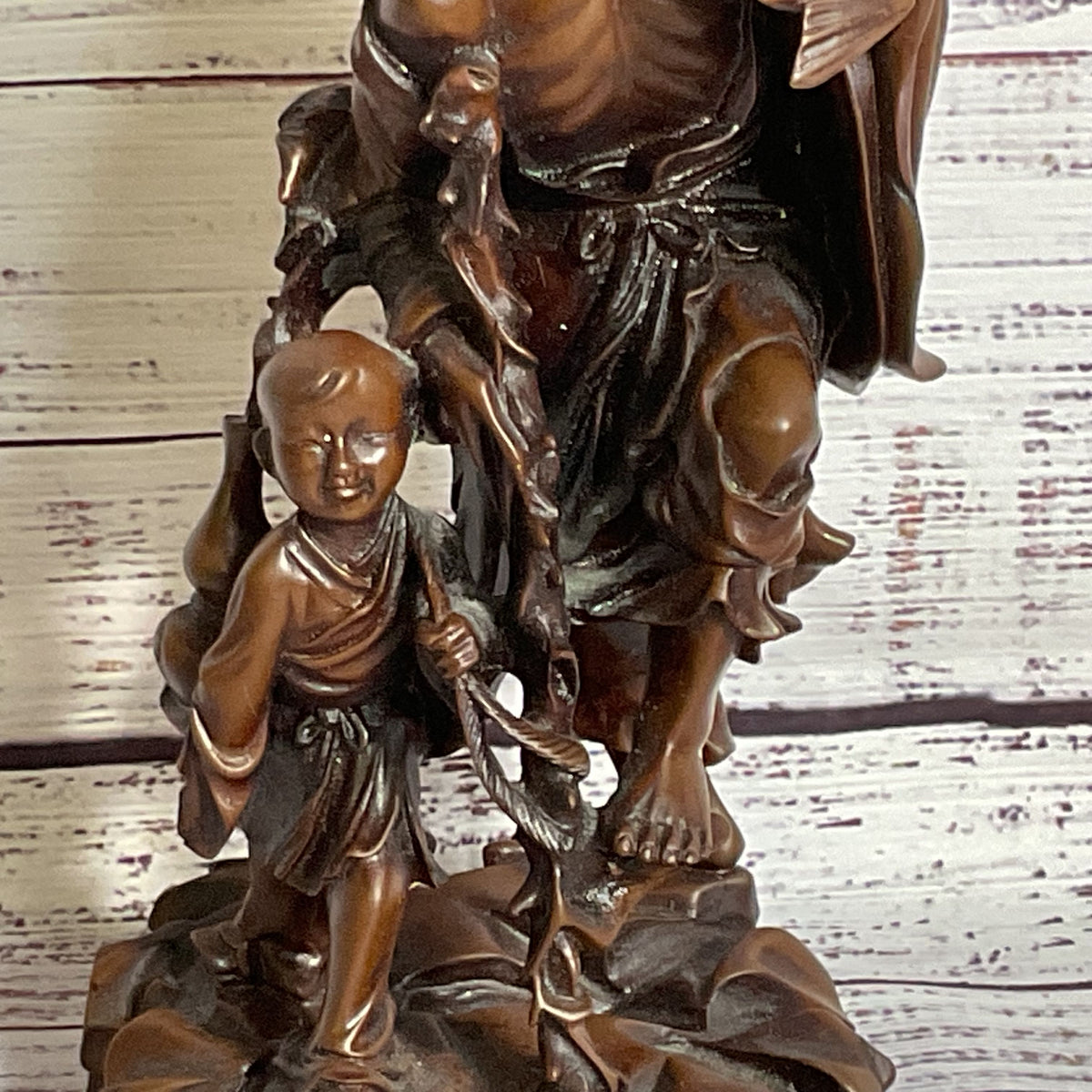 VTG./ANTIQUE Wood Carved Chinese Man, Child and Bat- 9"