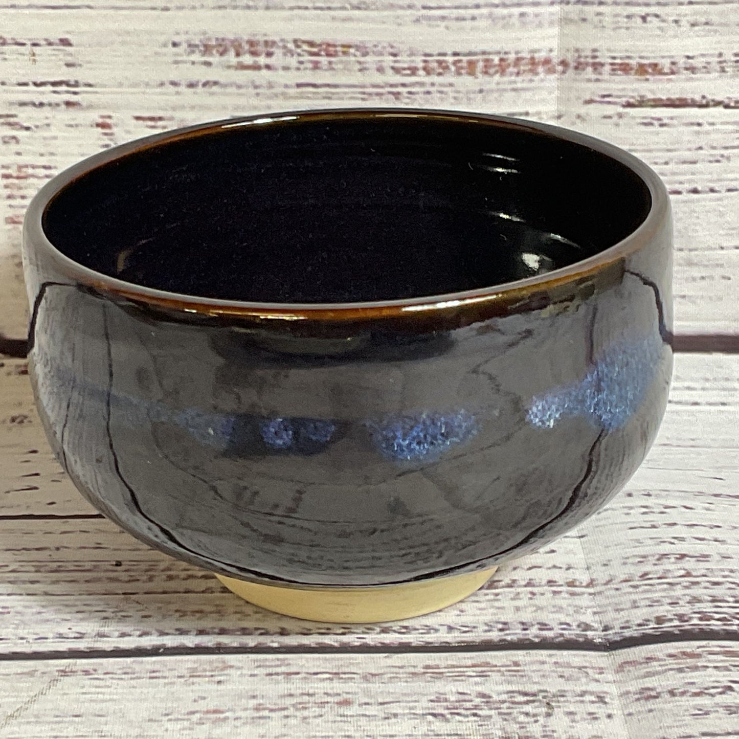 VTG. Signed Japanese Dark Brown & Blue Glazed Tea Bowl- 3"H X 4.5W