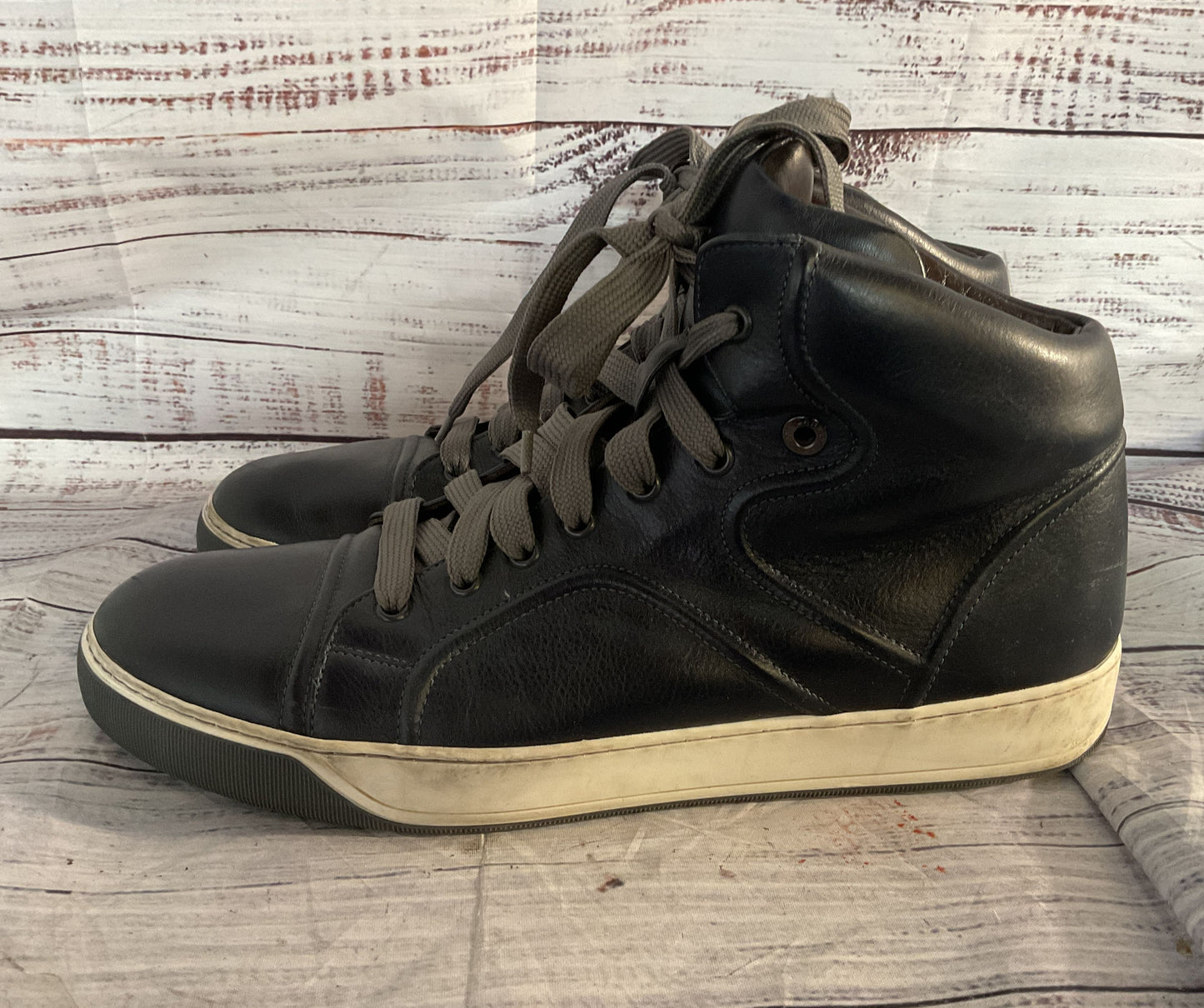 Lanvin Leather DDB0 High-Top Sneakers Navy Blue 10