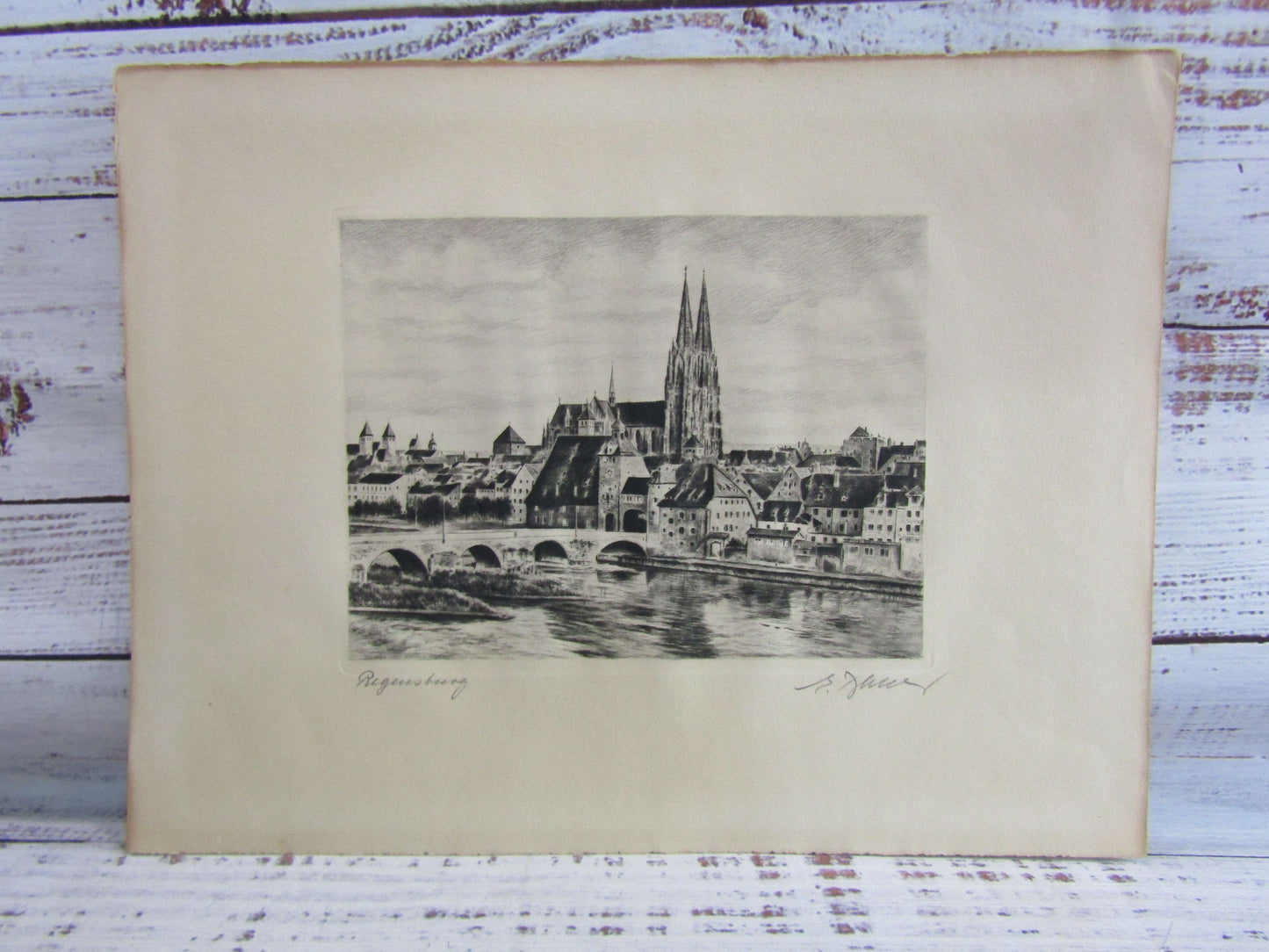 Antique Artist Signed Regensburg Cathedral Stone Bridge Etching
