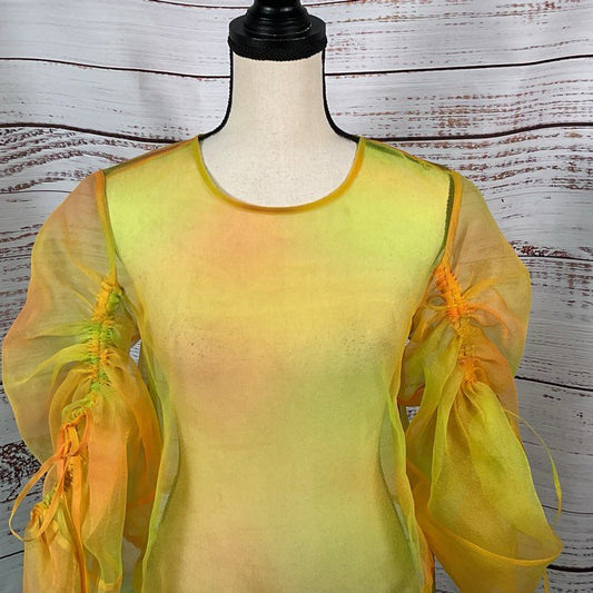 STAUD Women's Yellow/Orange Organza Peplum Rouched Sleeves Blouse- SZ 4