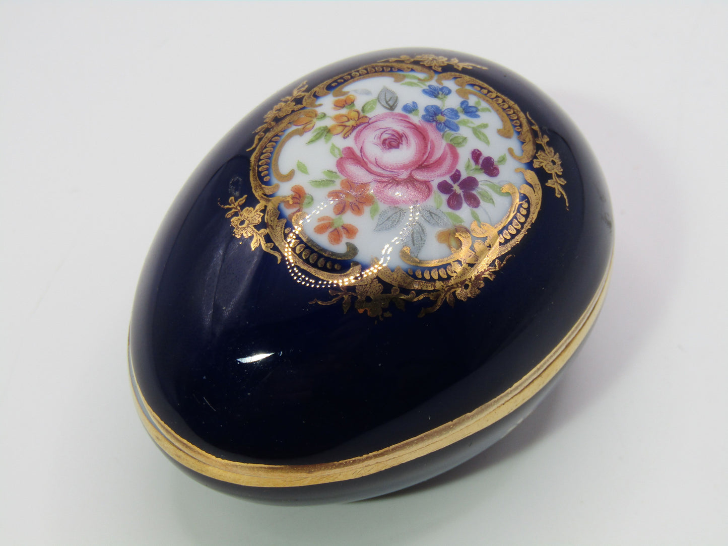 Vntg Limoges Castle Floral Cobalt Blue 24k Gold Wash Trinket Box Made in France