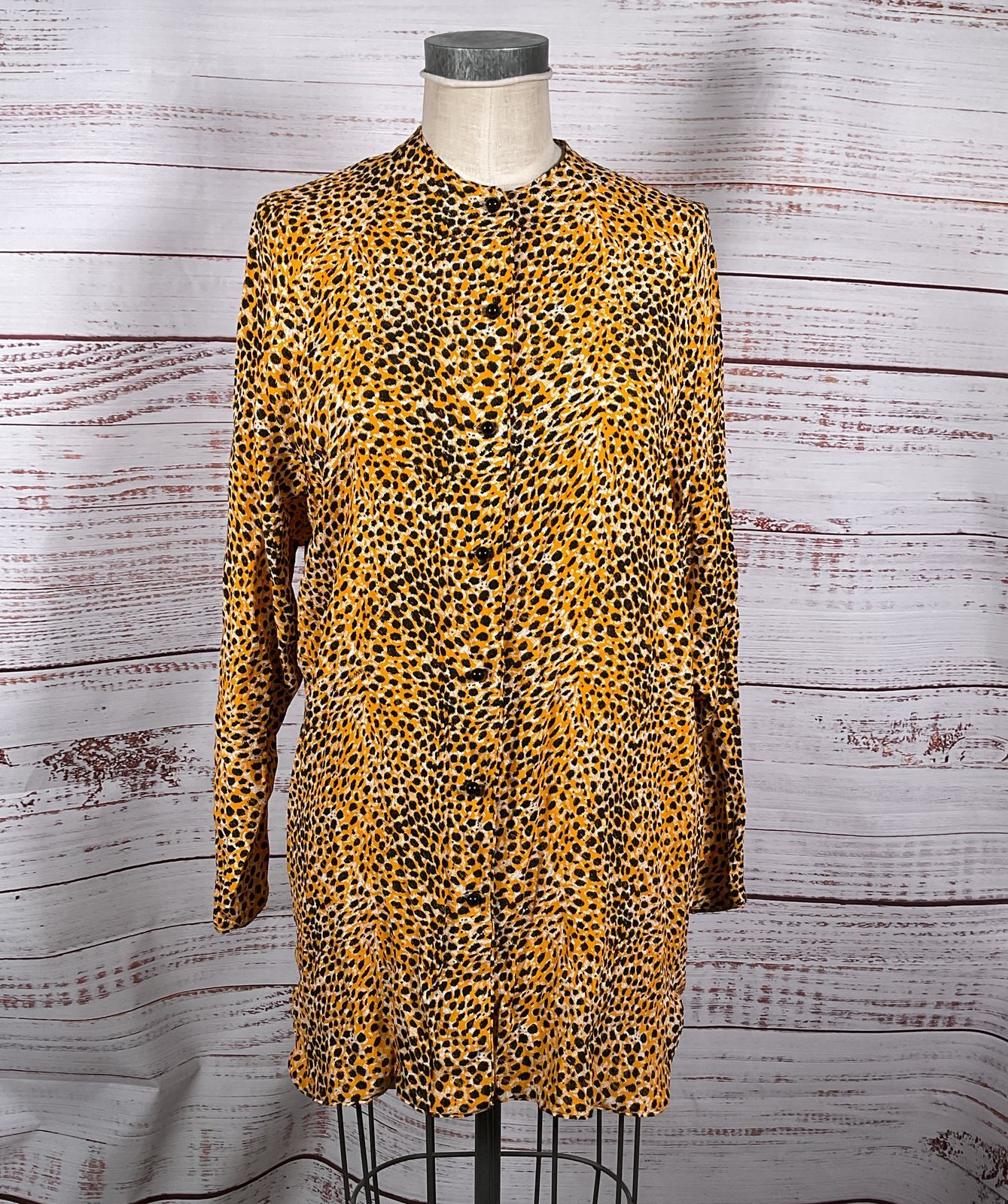 Ganni Leopard Printed Crepe O-Neck Raglan Sleeve Long Shirt Multicolor 38