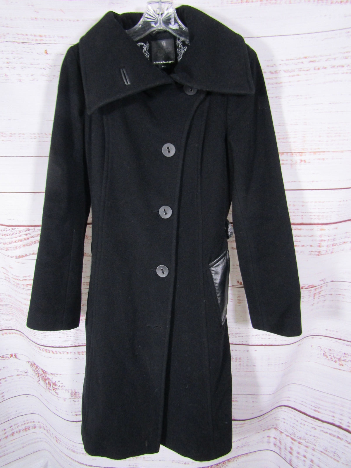 Mackage Women's Black Cashmere Wool Blend Leather Trim Coat Size S