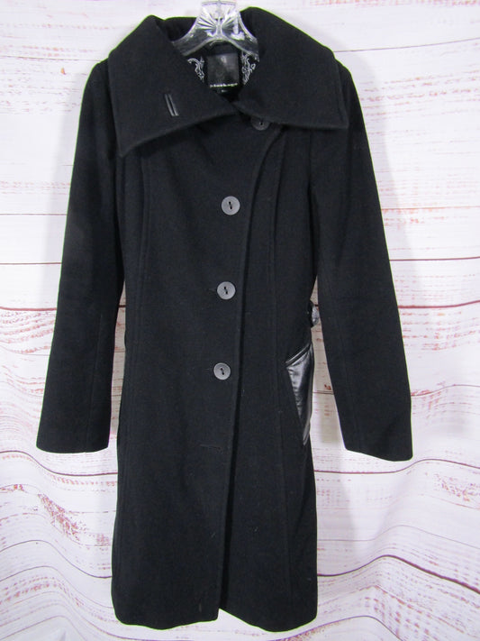 Mackage Women's Black Cashmere Wool Blend Leather Trim Coat Size S