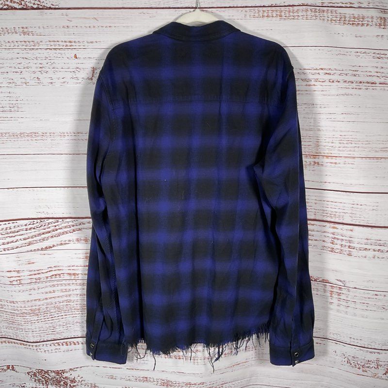 Amiri Blue Plaid Raw Hem 100% Cotton Flannel Button Up Shirt - Size XL