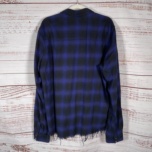 Amiri Blue Plaid Raw Hem 100% Cotton Flannel Button Up Shirt - Size XL