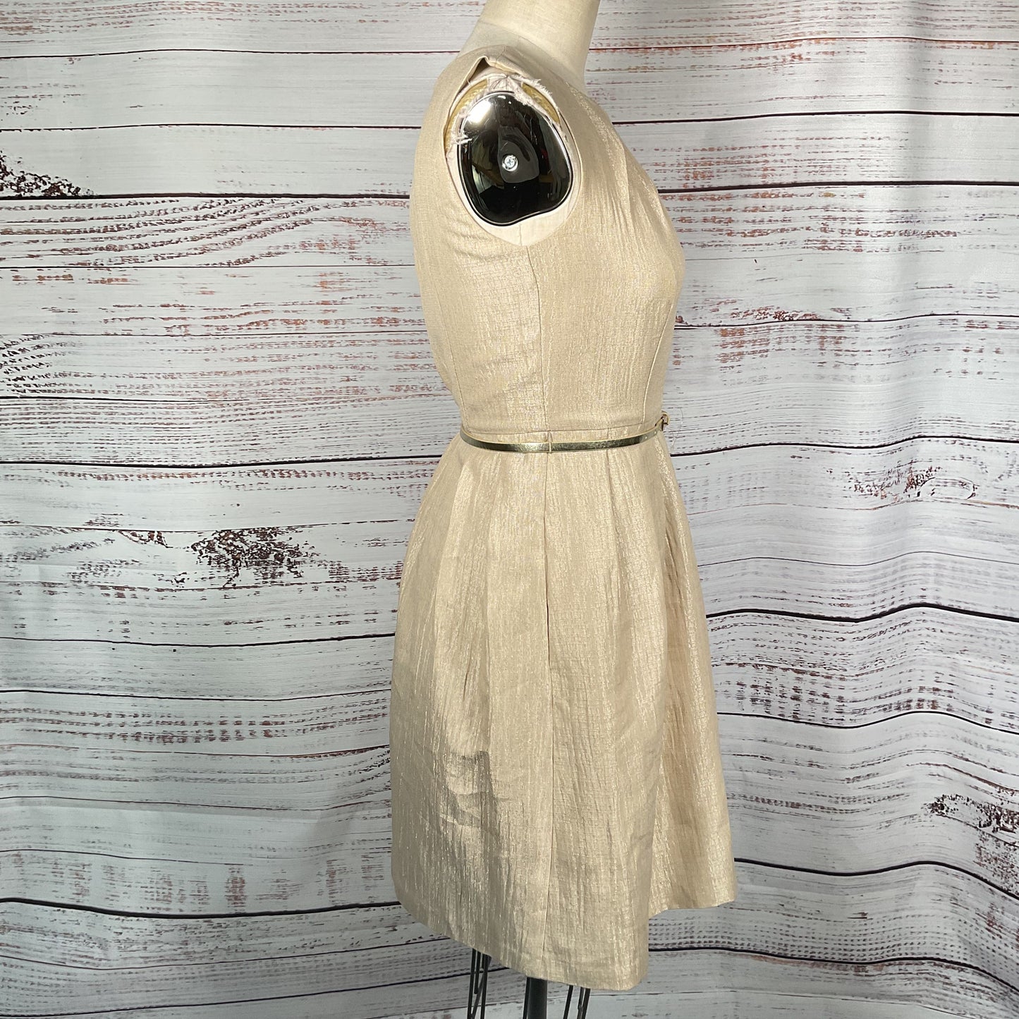Ellen Tracy Beige Metallic Tone Sleeveless Belted Cocktail Dress - Size 2