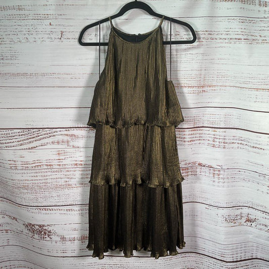 DKNY Sleeveless Tiered Metallic Brass Halter A-Line Mini Dress Size 14 w/ Tags