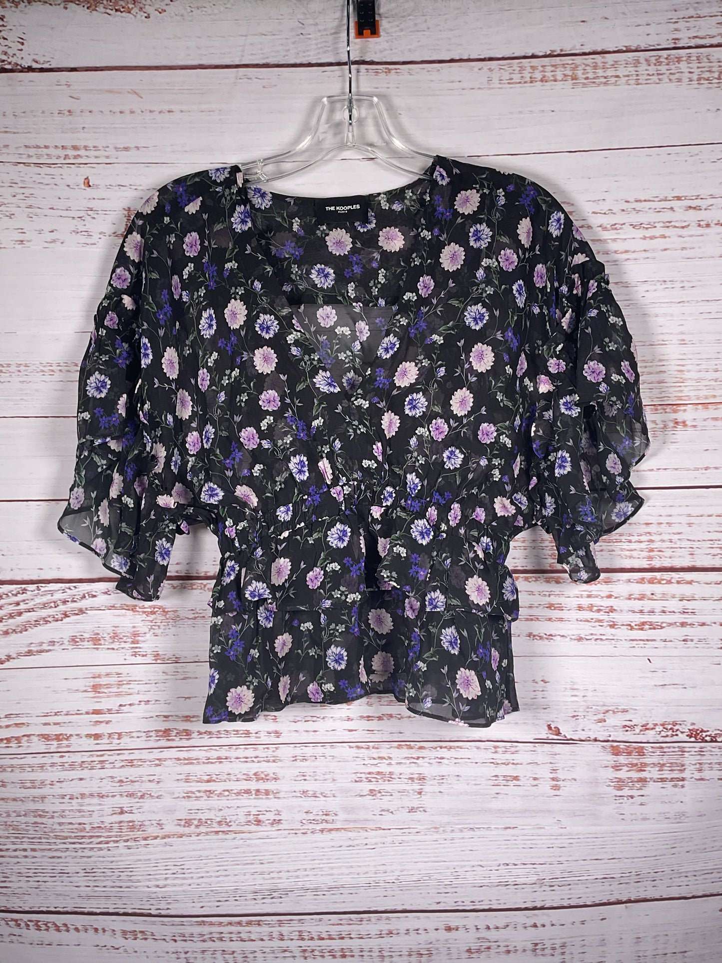 The Kooples Black Purple Flower Sheer Short Sleeve - Size 1