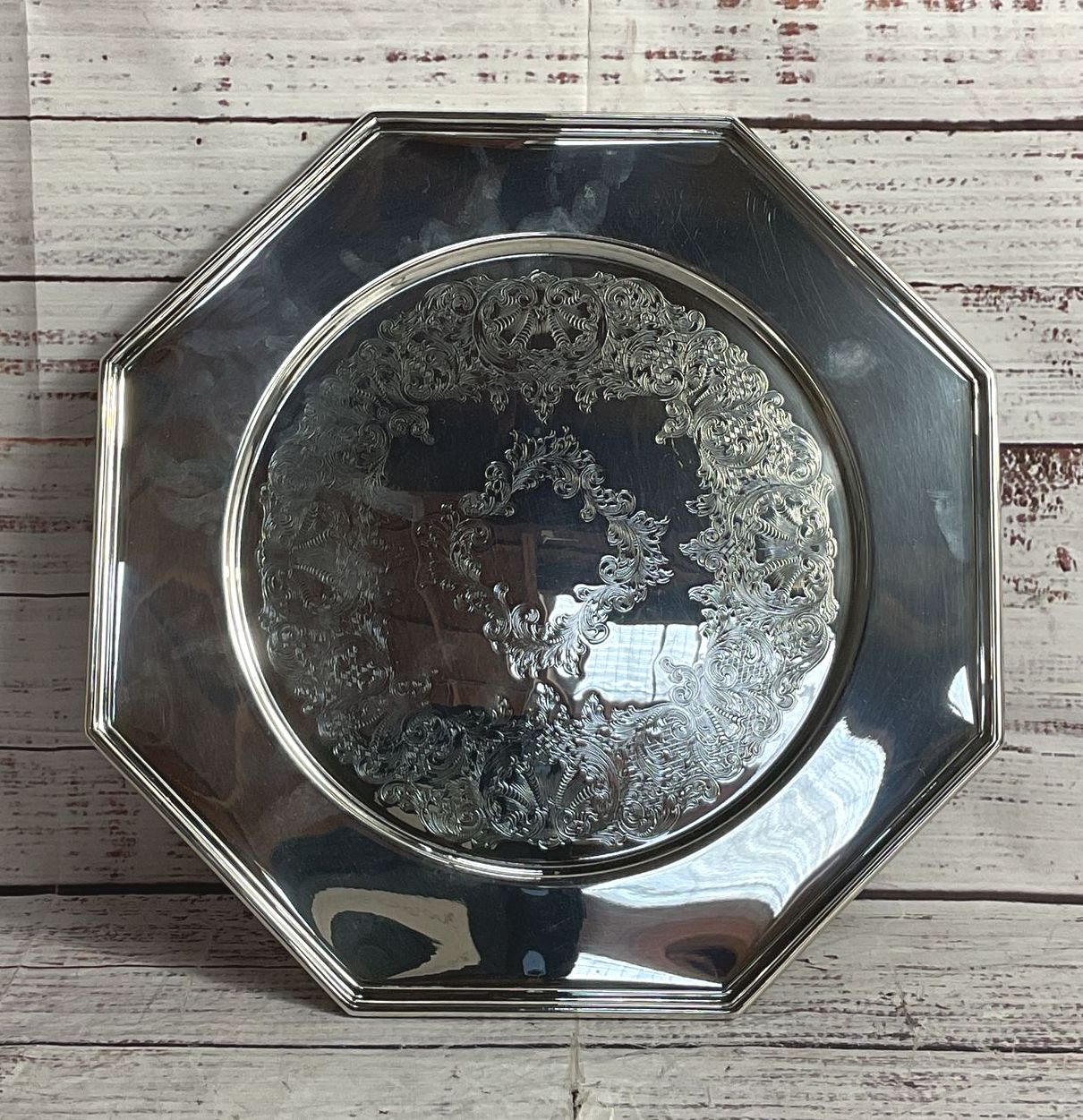 Wallace Vintage Etched Octagonal Serving Tray Silver Plate