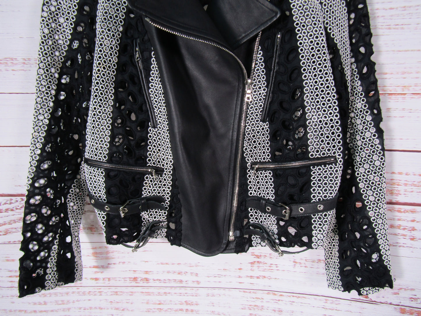 Yigal Azrouel Women's Black & White Lace Lambskin Leather Moto Jacket Size 2