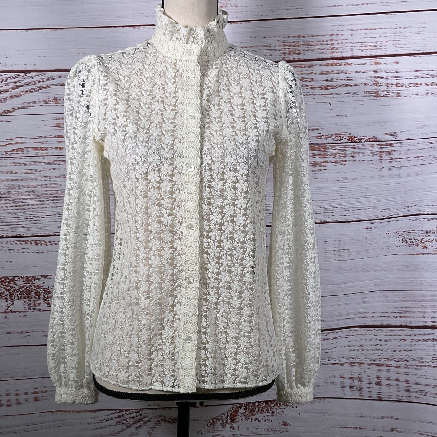 SEZANE Women's White Floral Lace Funnel Neck Long Sleeve Button-Up Blouse- SZ 34