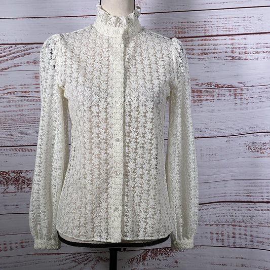 SEZANE Women's White Floral Lace Funnel Neck Long Sleeve Button-Up Blouse- SZ 34