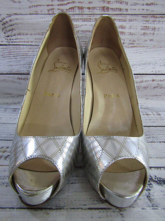 Christian Louboutin Very Galaxy Women's Silver Leather Peep Toe Pumps Size 8