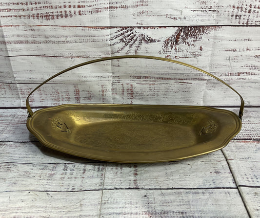 Vintage Oval Decorative Etched Engraved Tray Brass