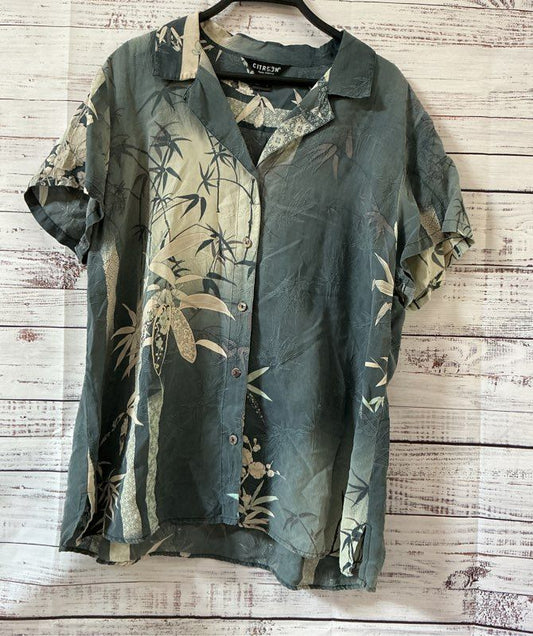 Women's Citron Bluegray Print Silk Short Sleeve Blouse Size 1X