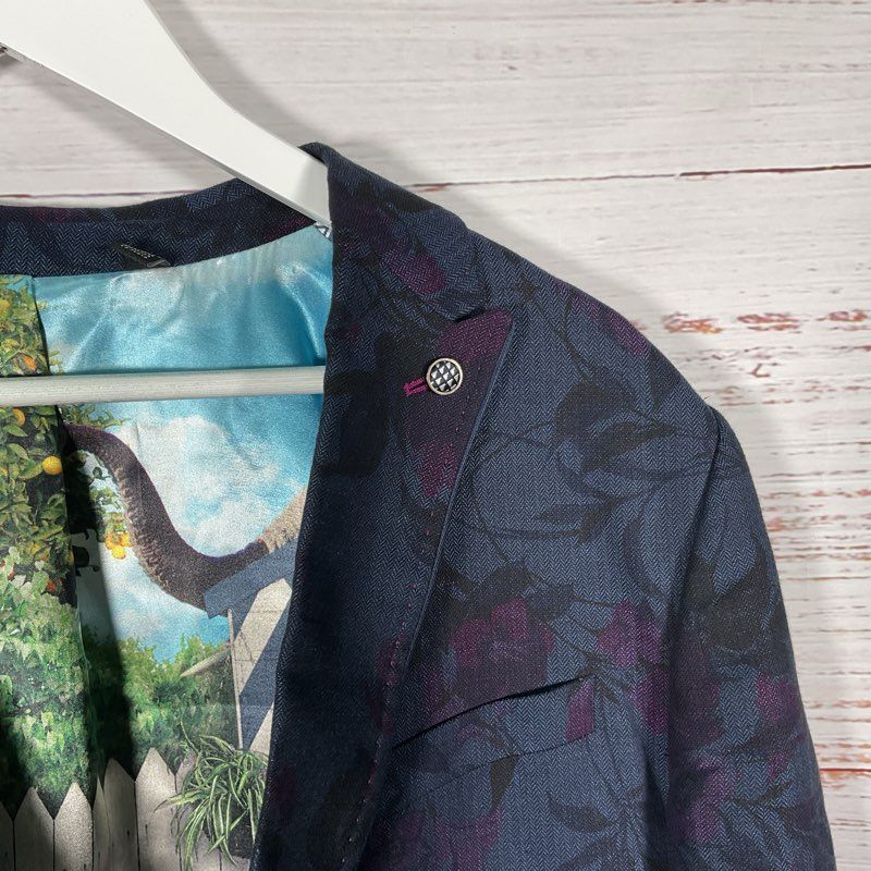 Ted Baker Blue & Purple Floral Print Peak Label 1-Button Blazer Jacket - Size 5