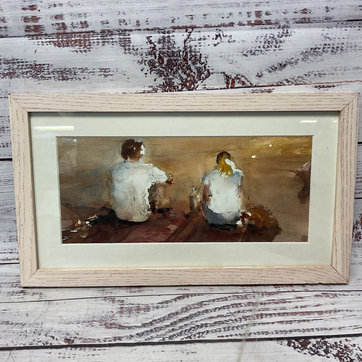 Rose Sinatra 2 People Sitting Backs Turned Watercolor Painting Artwork Signed
