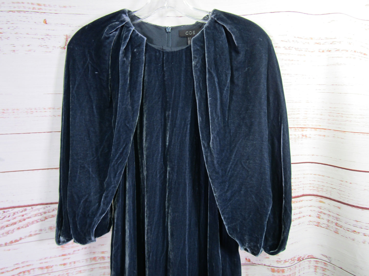 COS Women's Navy Blue Silk Blend Velvet Puff Sleeve Dress Size 8
