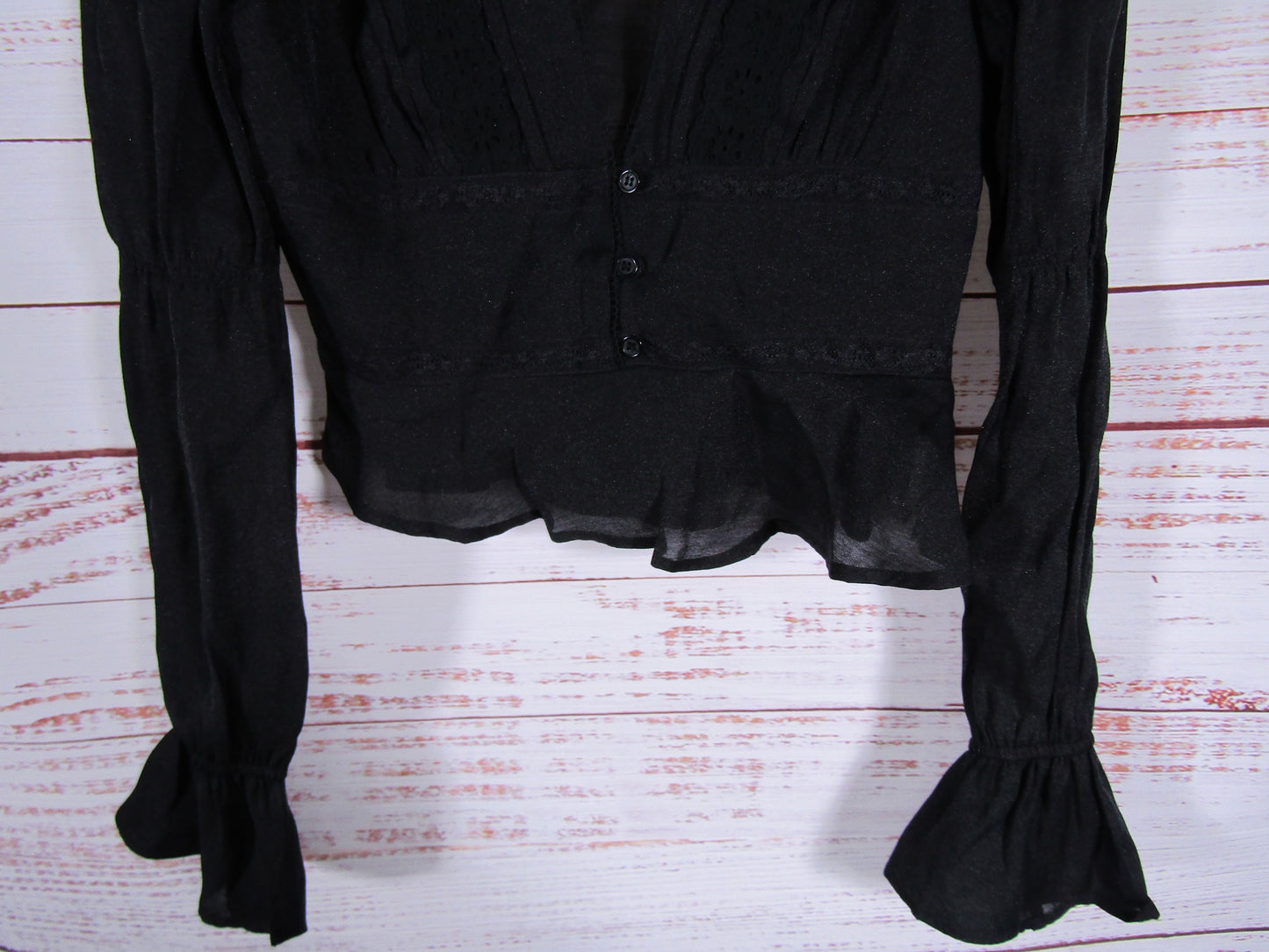 Commense Women's Black Ruffle Sleeve Embroidered Blouse Size S