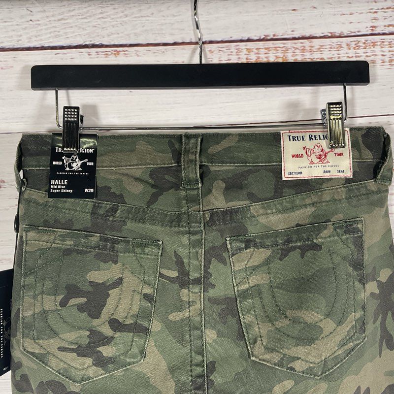 NWT True Religion Olive Green Camo Halle Super Skinny Mid Rise Jeans sz 29
