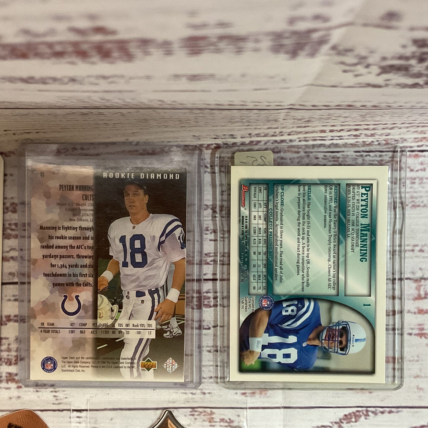 Set of 7 PEYTON MANNING Rookie Cards- Fleer, Skybox, Upper Deck, Bowman, Playoff