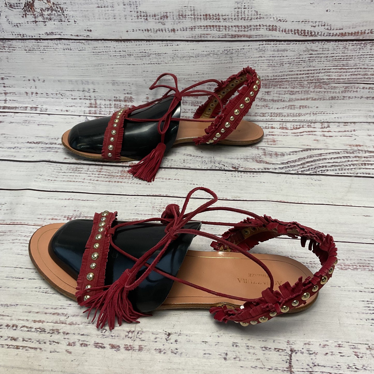 Aquazurra Careye Fringe Suede Red Cord Ankle Tie Sandal Women Size 9