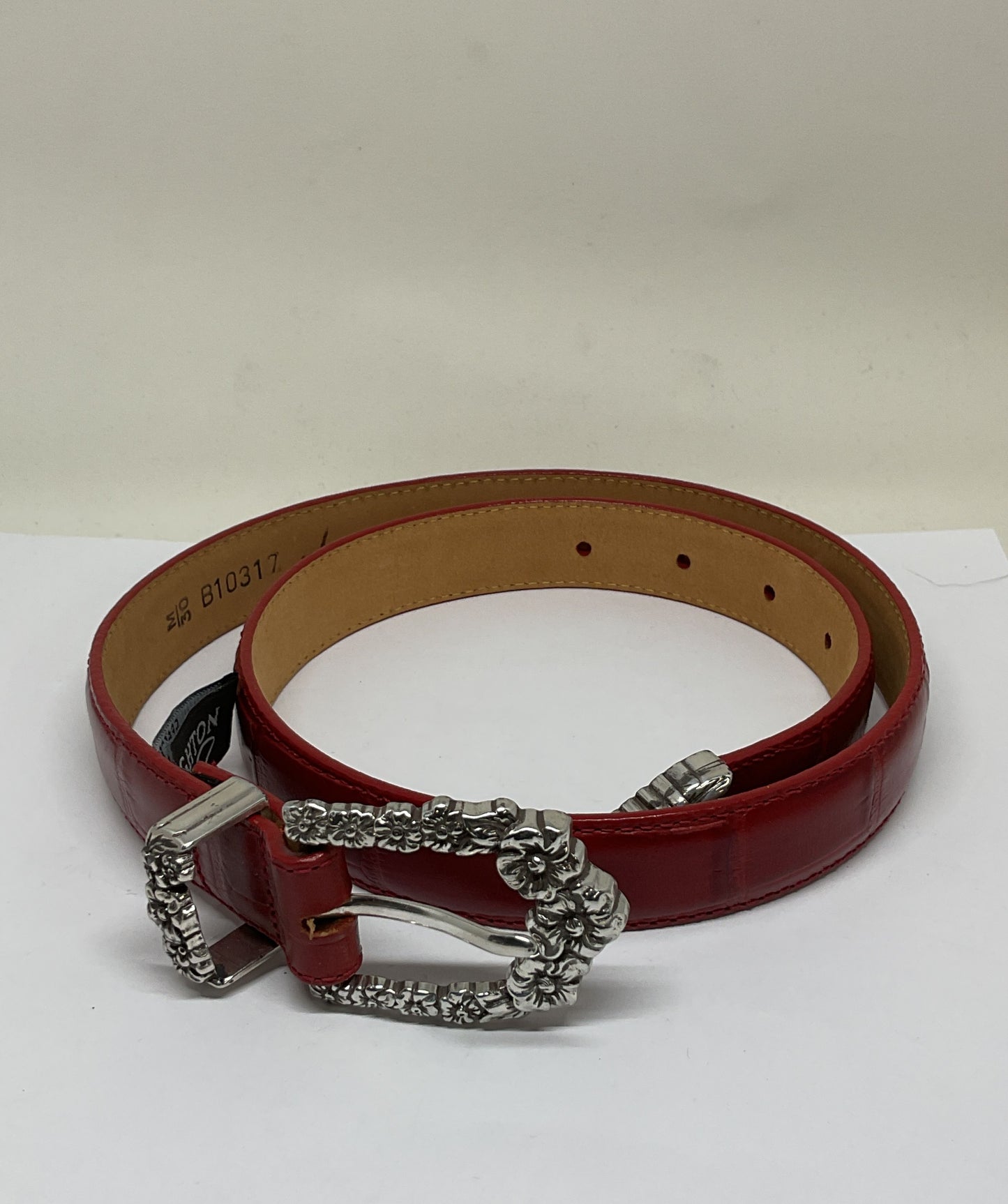 Brighton Red Embossed Leather Silver Tone Buckle Belt - Size M