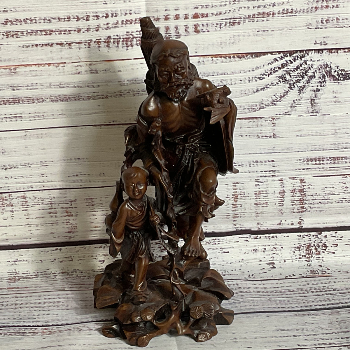 VTG./ANTIQUE Wood Carved Chinese Man, Child and Bat- 9"
