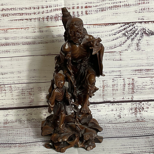 VTG./ANTIQUE Wood Carved Chinese Man, Child and Bat- 9"
