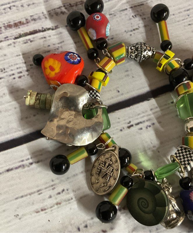 Elastic Charm Bracelet Silver Glass & Stone Charms