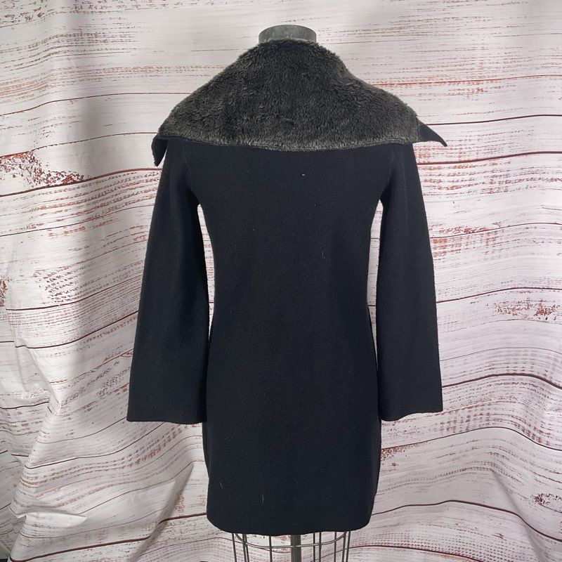 Cullen Black Wool Faux Fur Collar Mid-Length Cardigan Coat - Size S