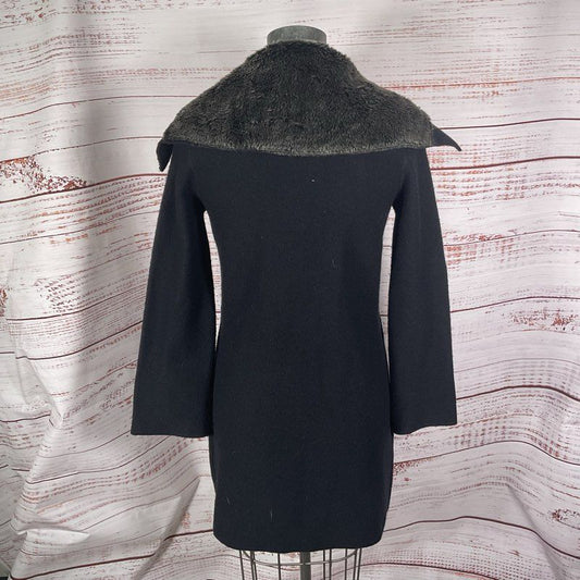 Cullen Black Wool Faux Fur Collar Mid-Length Cardigan Coat - Size S