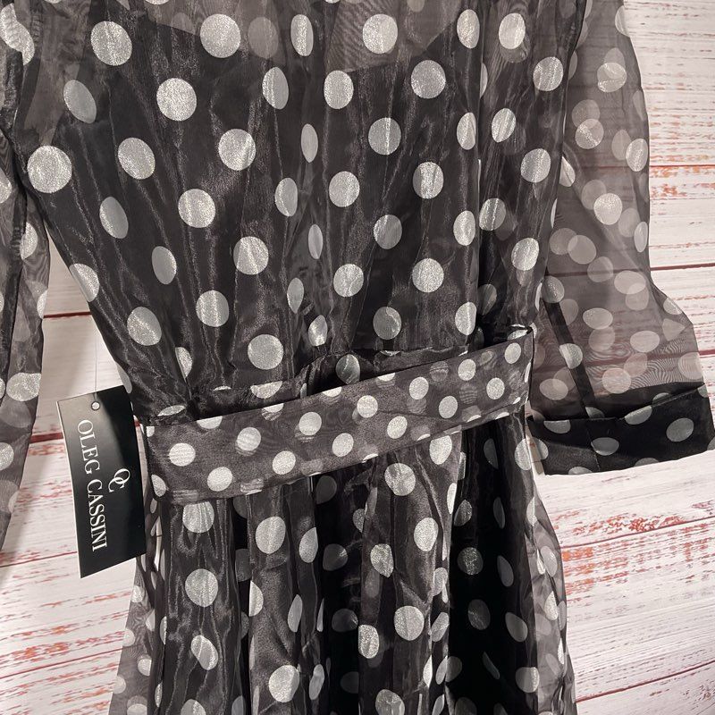 Oleg Cassini Black & Gray Polka Dot Sheer Belted Shirt Dress Size S w/ Slip
