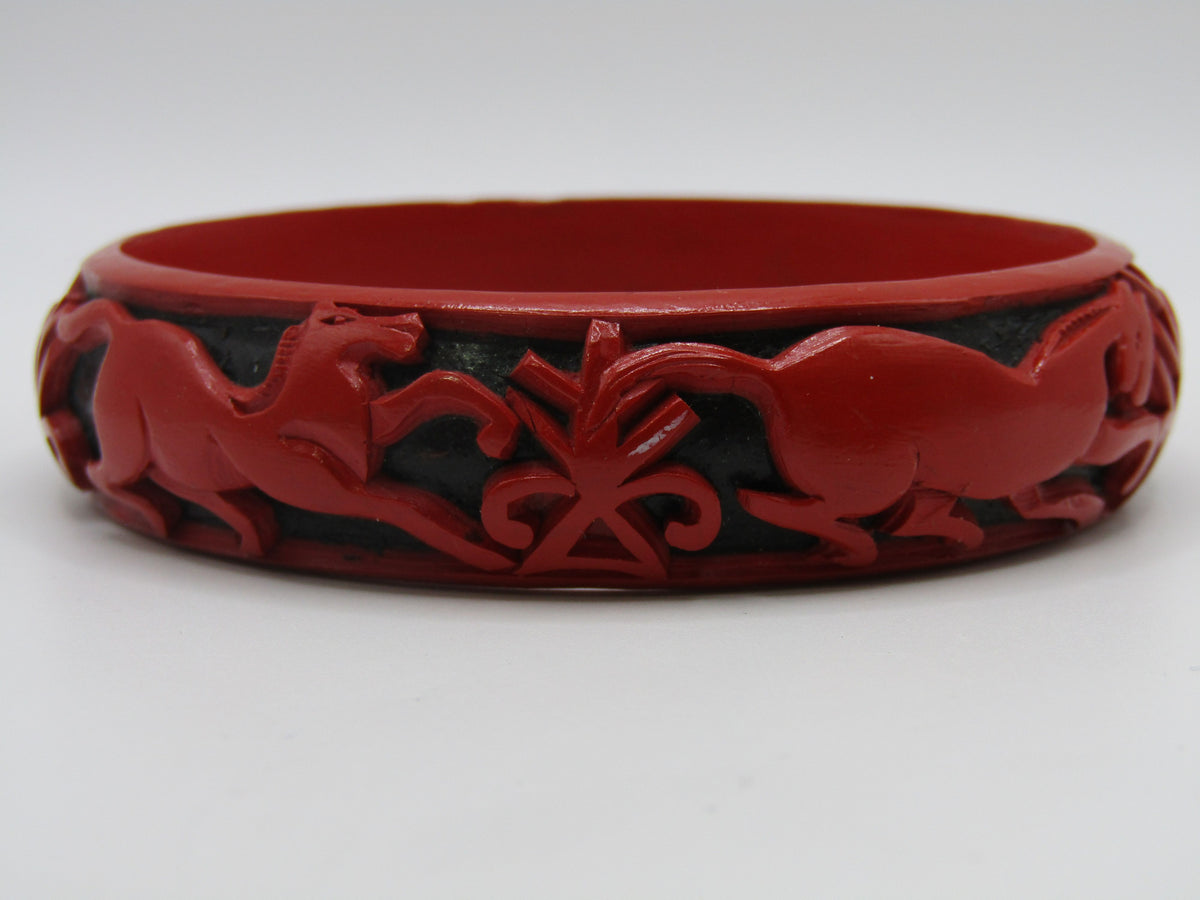Artisan Handcrafted Carved Galloping Horses Cinnabar Lacquer Bangle Bracelet