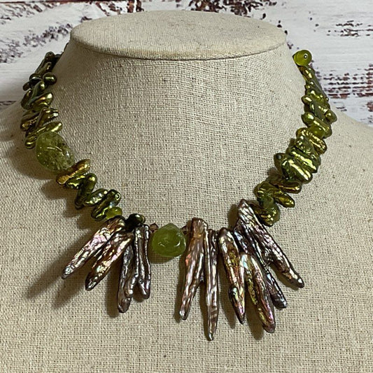 Sterling Silver Green Biwa Pearl & Green Gemstone Beaded Necklace- 17"