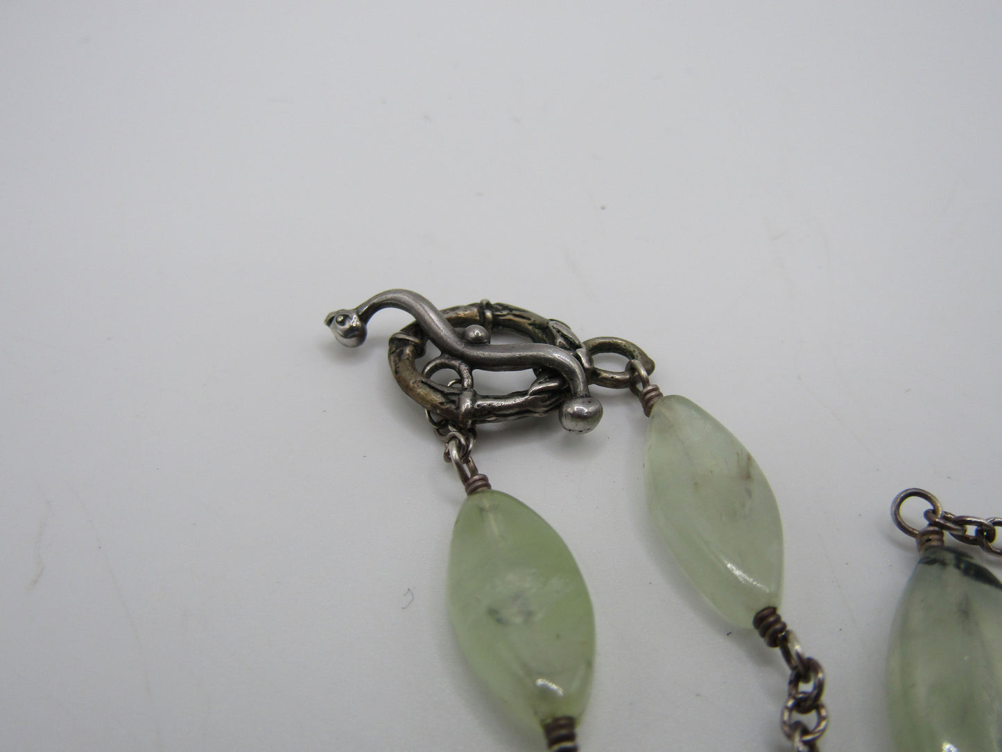 Vintage Artisan Handcrafted Sterling Silver Prehnite & Carved Pink MOP Necklace