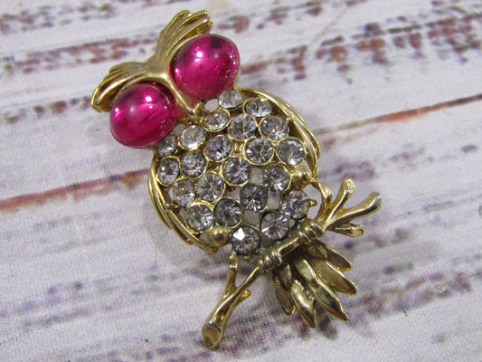 Vintage Gold Plated Rhinestone Accent Owl Brooch Pin