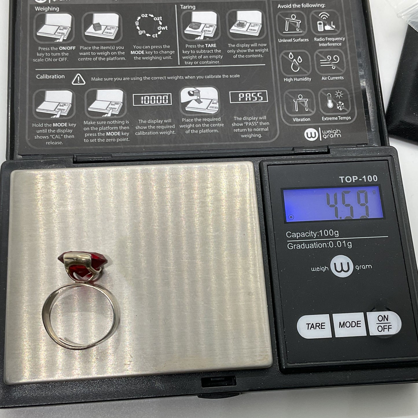 FRANTHEY Sterling Silver 13mm Red Stone Adjustable Ring- 4.59g