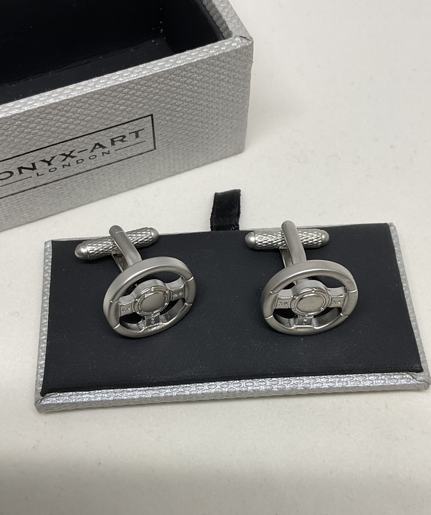 Onyx-Art London Silver Tone Car Steering Wheel Cufflinks